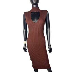 Pink Rose Brown Ribbed Mock Neck Sleeveless Cutout‎ Midi Dress Size S